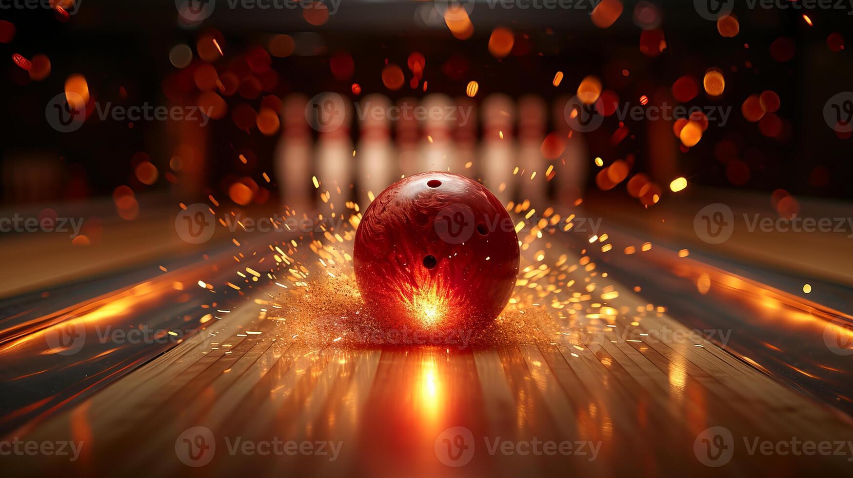 AI generated Bowling strike   ball crashing into pins on alley line, sport competition or tournament concept photo