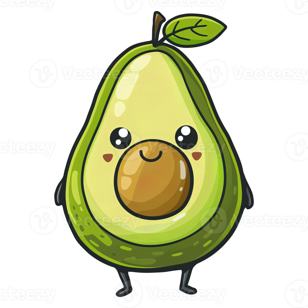 AI generated cute simple child illustration, fresh ripe avocado fruit mascot smiling standing, transparent background png