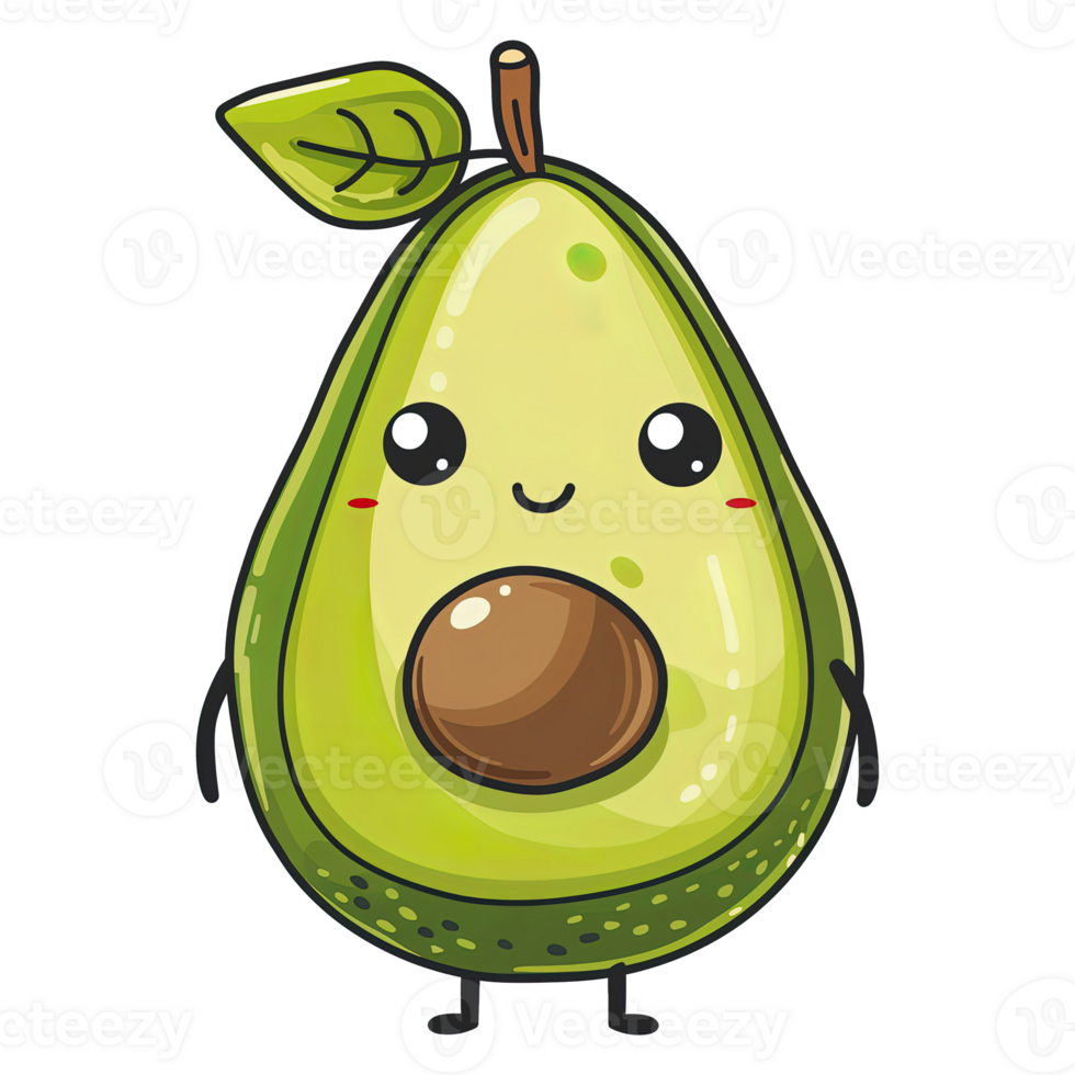 AI generated cute simple child illustration, fresh ripe avocado fruit mascot smiling standing, transparent background png
