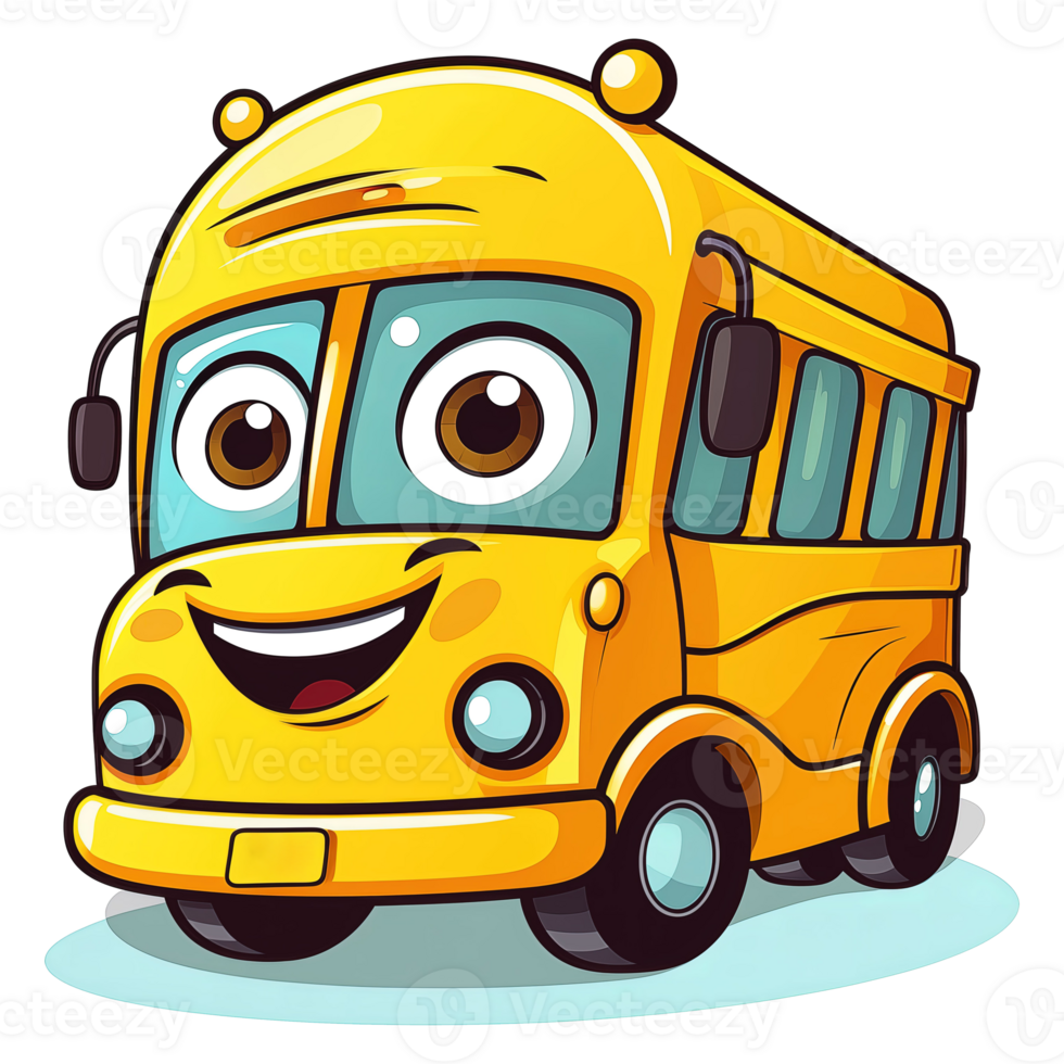 AI generated simple illustration of school bus mascot details, yellow, cute, friendly, smiling, facing front transparent background png