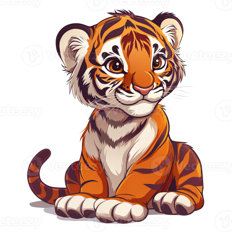 AI generated cute simple child illustration, baby tiger mascot big eyes very cute, lovely, smiling transparent background png