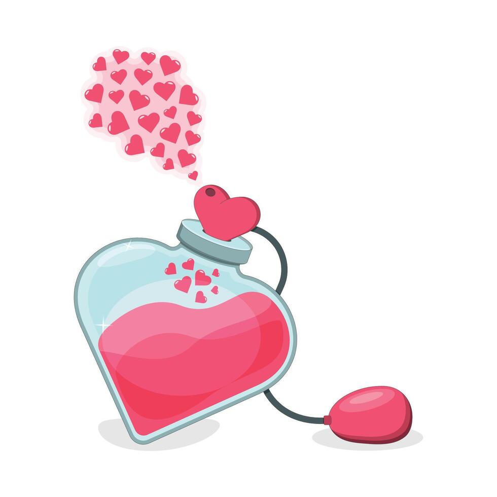 un perfume en el forma de un corazón y un nube de flotante corazones. vector