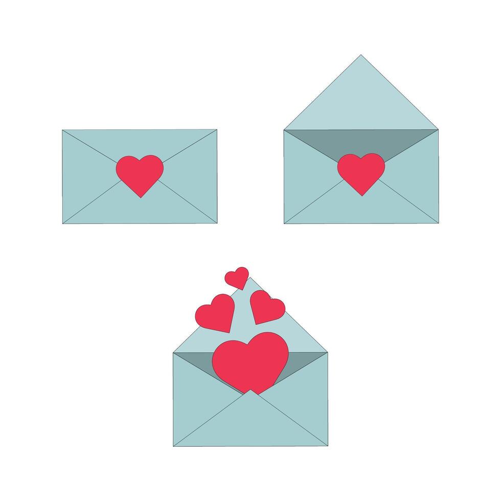 A set of vector open and closed envelopes with hearts.