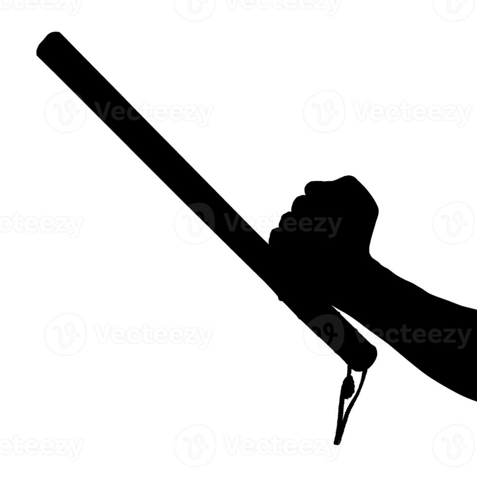 a black and white silhouette of bare hand with rubber police baton isolated on white background photo