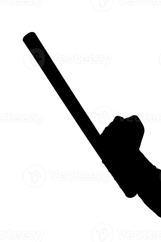 a black and white silhouette of hand in shirt with rubber police baton isolated on white background photo