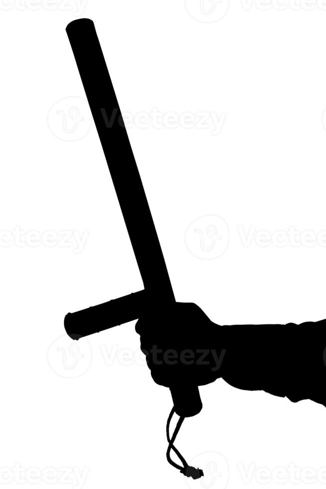 a black and white silhouette of hand in shirt with rubber police baton isolated on white background photo