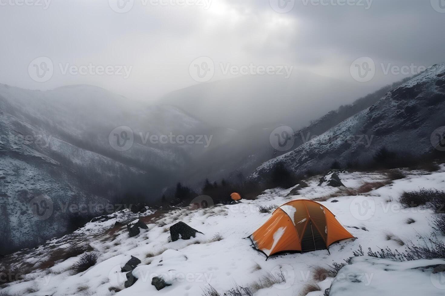 AI generated tourist tent camp at snow covered foggy highlands, neural network generated picture photo