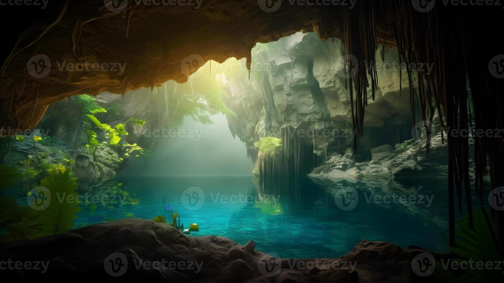 AI generated view from deep within a cave of a turquoise blue lake, neural network generated image photo
