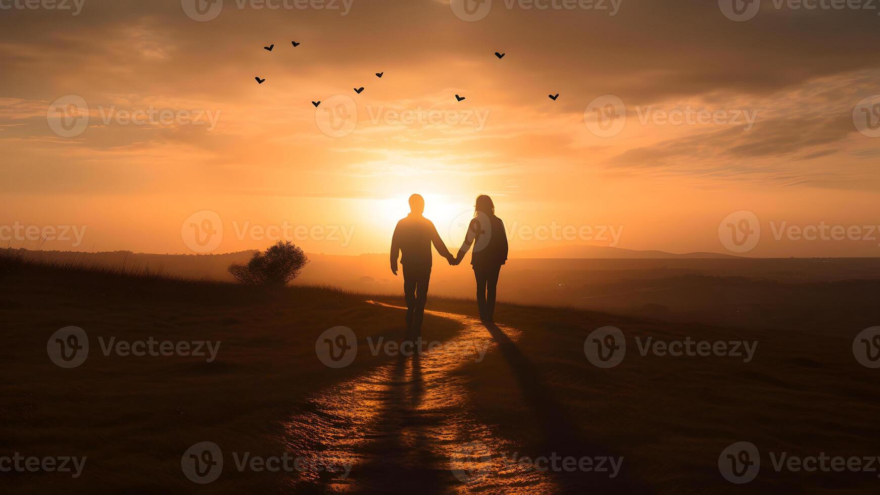 AI generated A heterosexual human couple silhouettes holding hands and walking towards dawn at summer field, neural network generated photorealistic image photo