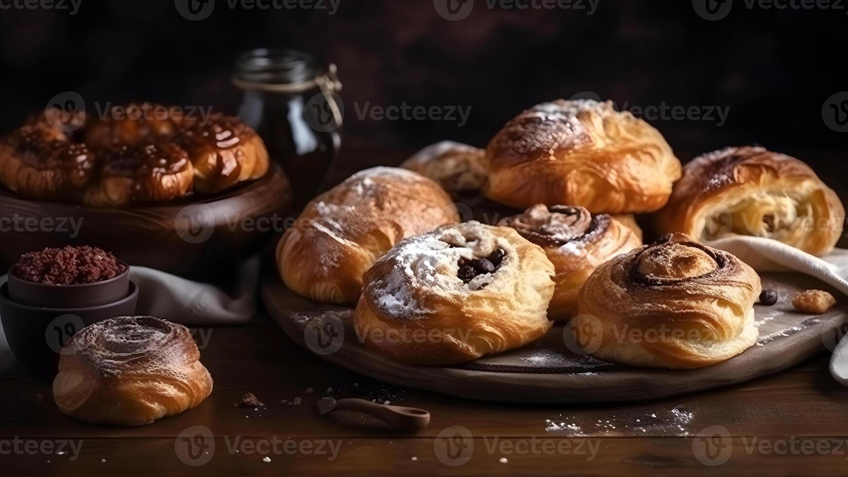 AI generated Freshly baked sweet croissant puff pastry buns with chocolate on wooden board, neural network generated image photo