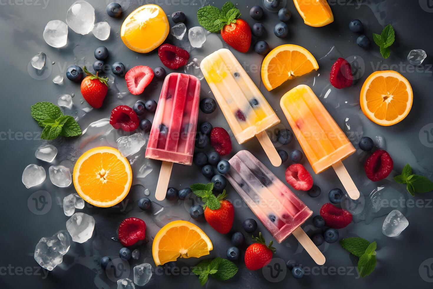AI generated ice cream popsicles with fruits and ice cube on flat surface, high angle view, neural network generated image photo