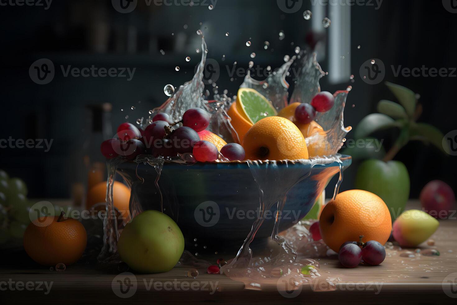AI generated fresh fruit splashing in a bowl with cinematic light, neural network generated image photo