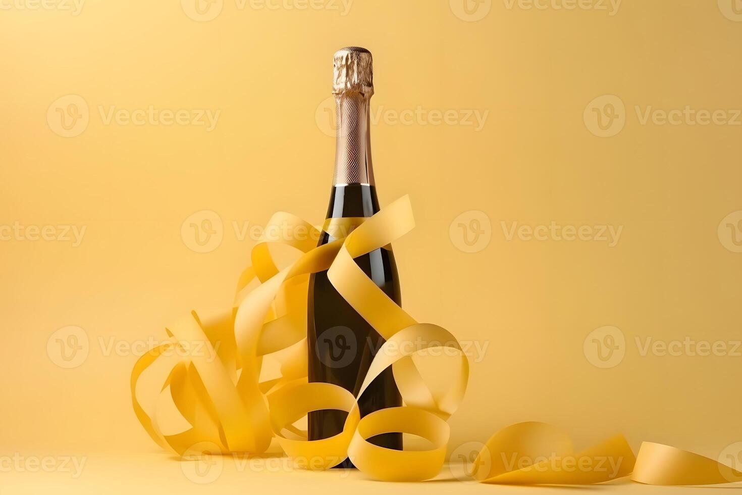 AI generated unopened bottle of champagne standing vertically on yellow background surrounded with yellow ribbon, neural network generated photorealistic image photo