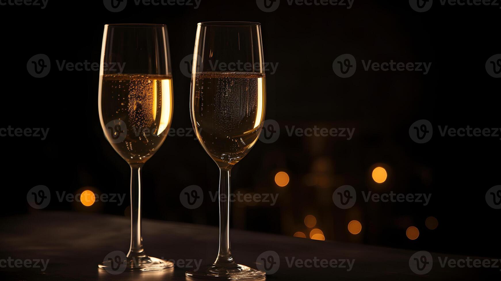 AI generated two glasses of champagne on table in dark environment, neural network generated photorealistic image photo