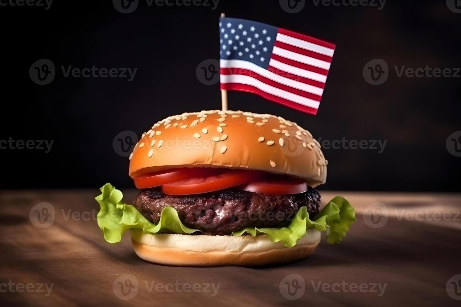 AI generated hamburger with small american flag on it, dark background, US patriotic proud theme, neural network generated image photo