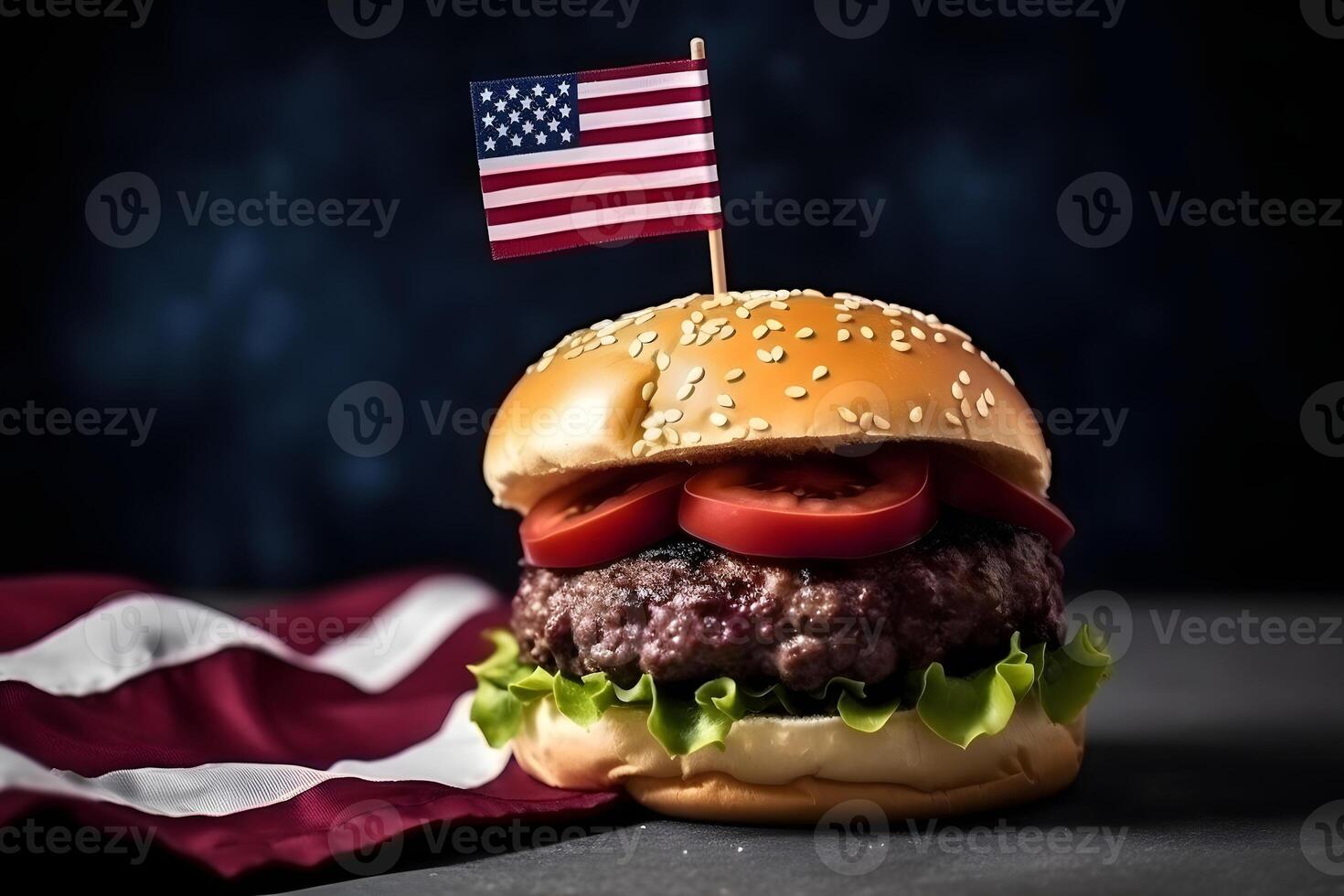 AI generated hamburger with small american flag on it, dark background, US patriotic proud theme, neural network generated image photo