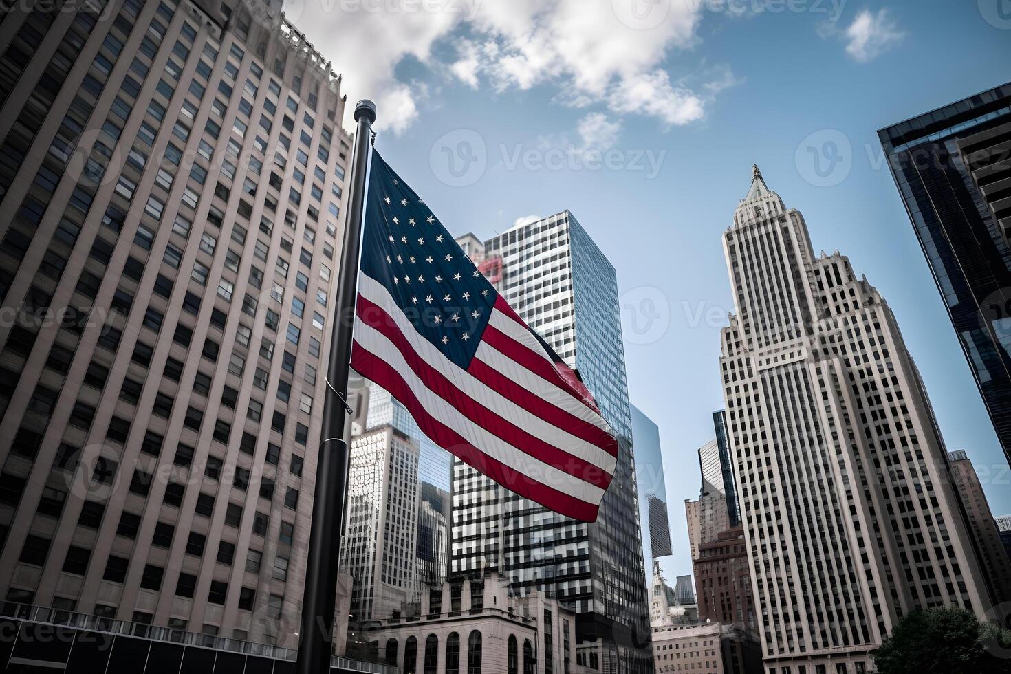 AI generated The flag of the United States in front of the skyscrappers in generic US downtown district at daytime, neural network generated image photo