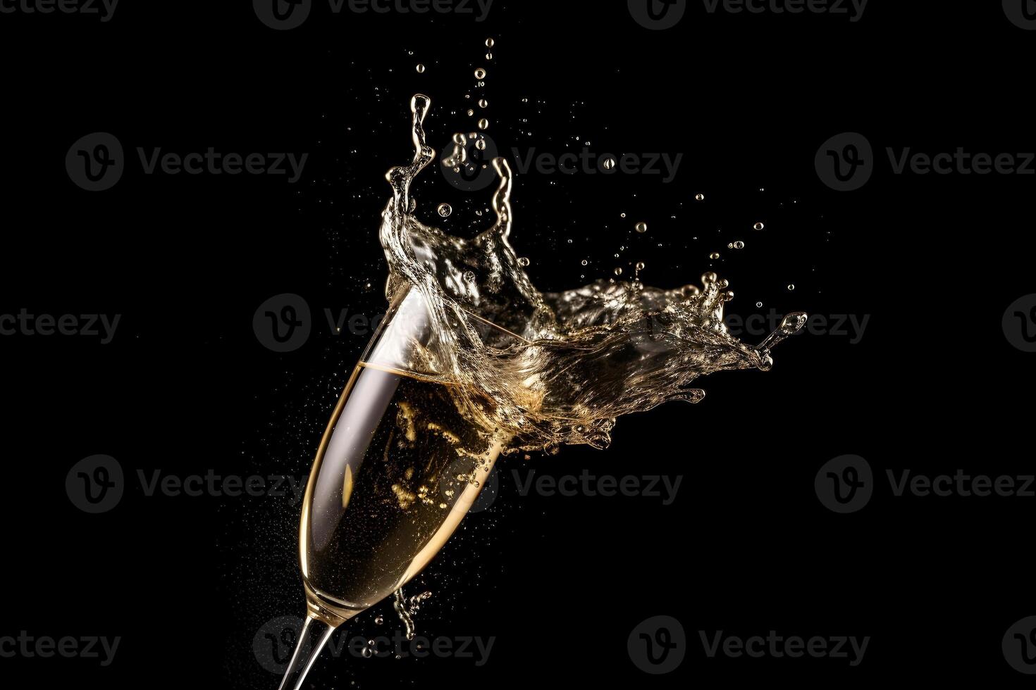 AI generated celebration theme with splashing champagne in a wineglass on black background, neural network generated photorealistic image photo