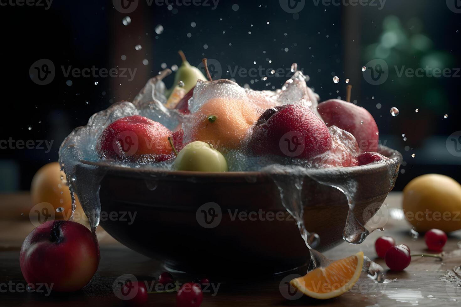 ai generado Fresco Fruta salpicaduras en un cuenco con cinematográfico luz, neural red generado imagen foto