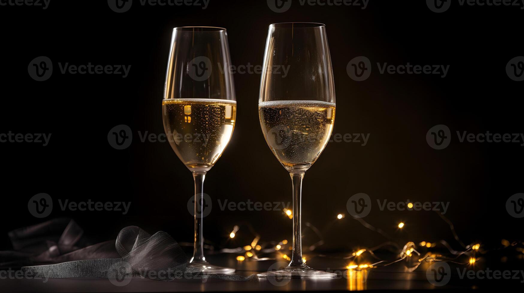 AI generated two glasses of champagne on table in dark environment, neural network generated photorealistic image photo