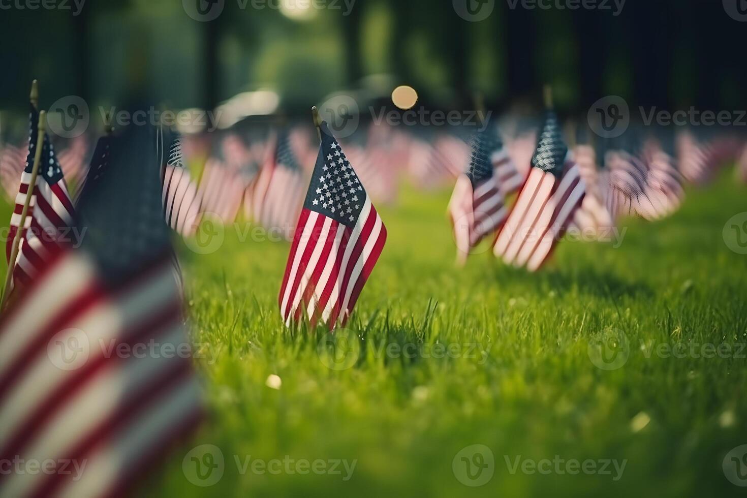 AI generated Memorial Day tribute. Many small American flags on a green lawn, neural network generated photorealistic image photo