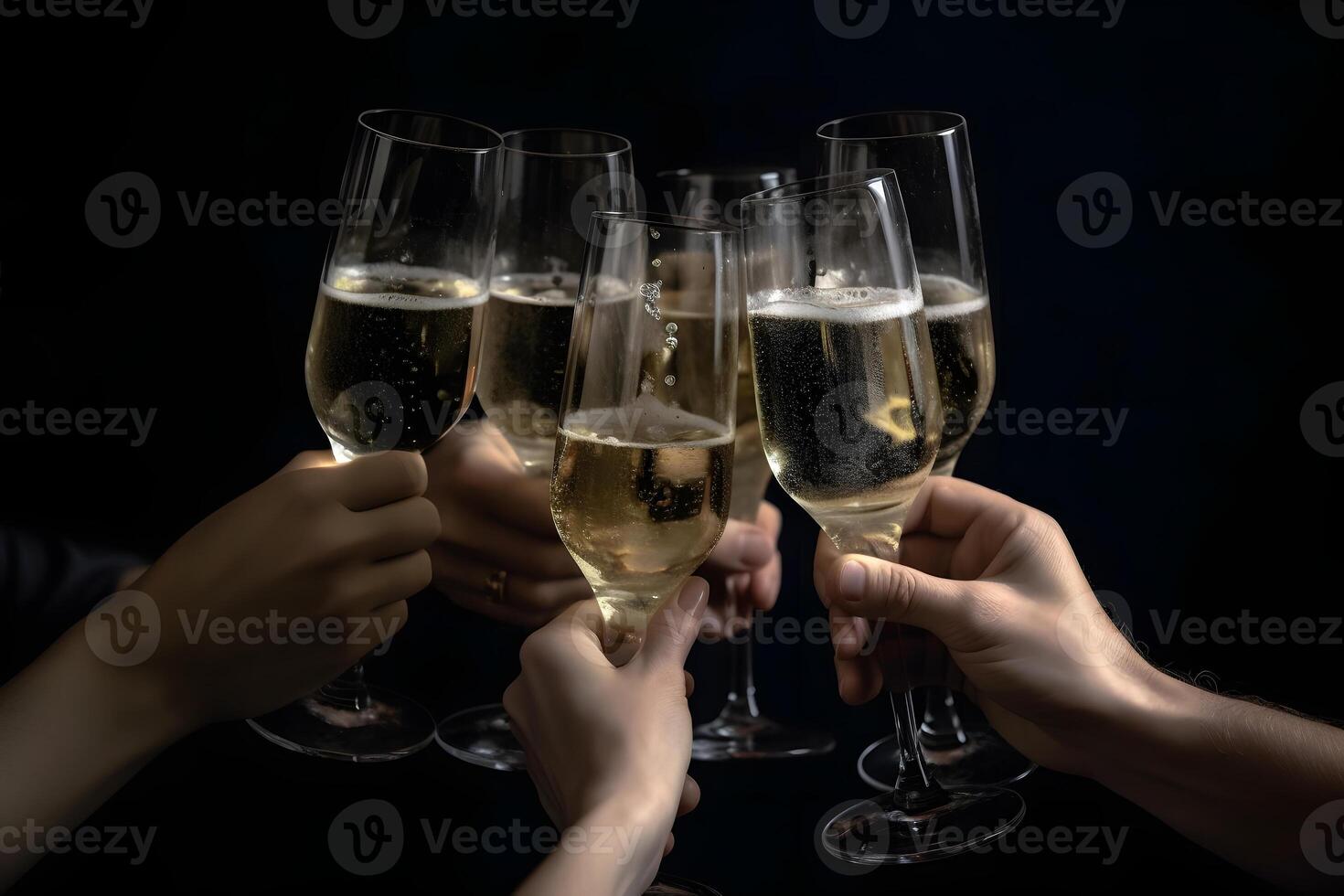 AI generated Many cheering caucasian hands with champagne glasses on dark background, neural network generated image photo