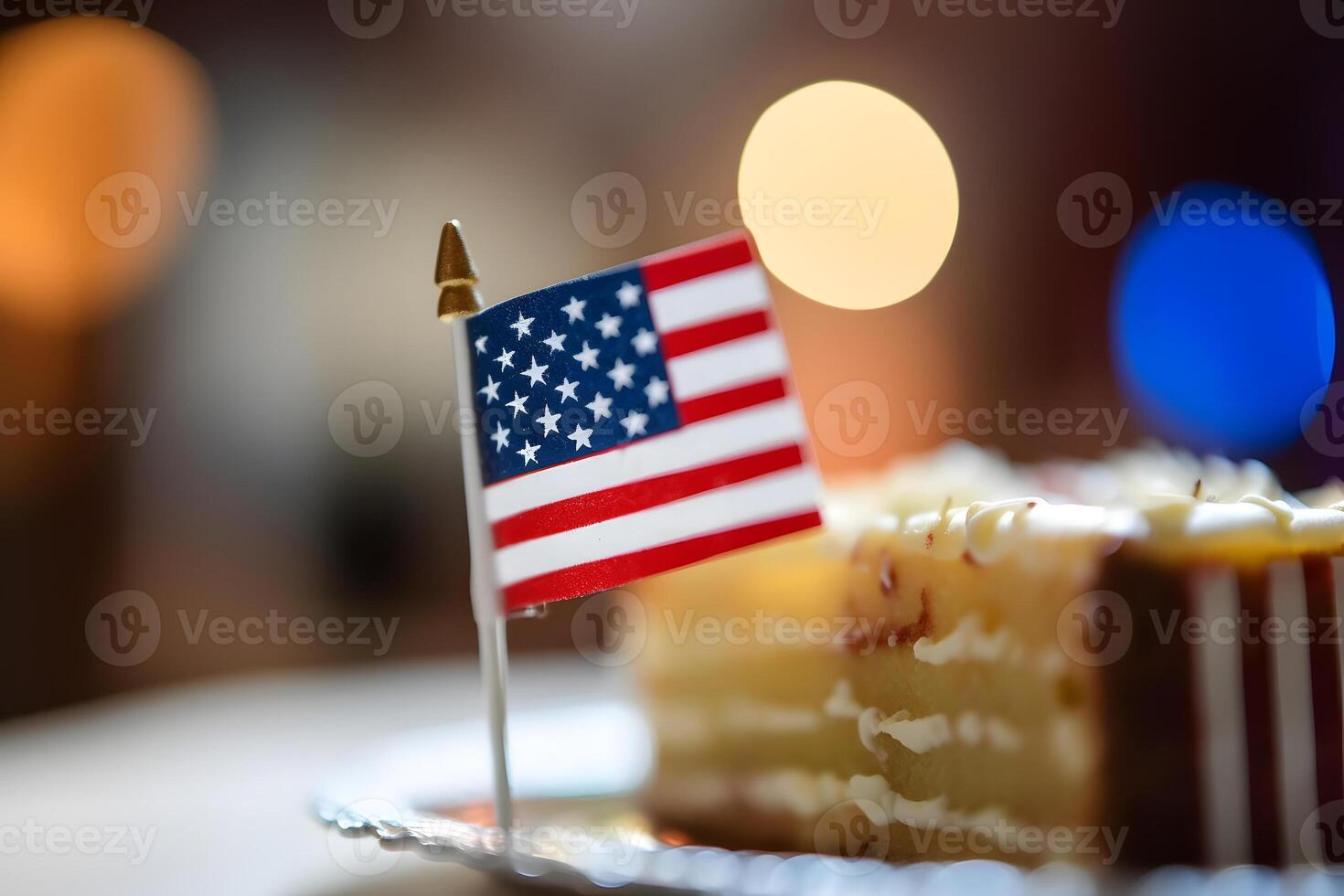 AI generated slice of cake with american flag with bokeh background, neural network generated image photo