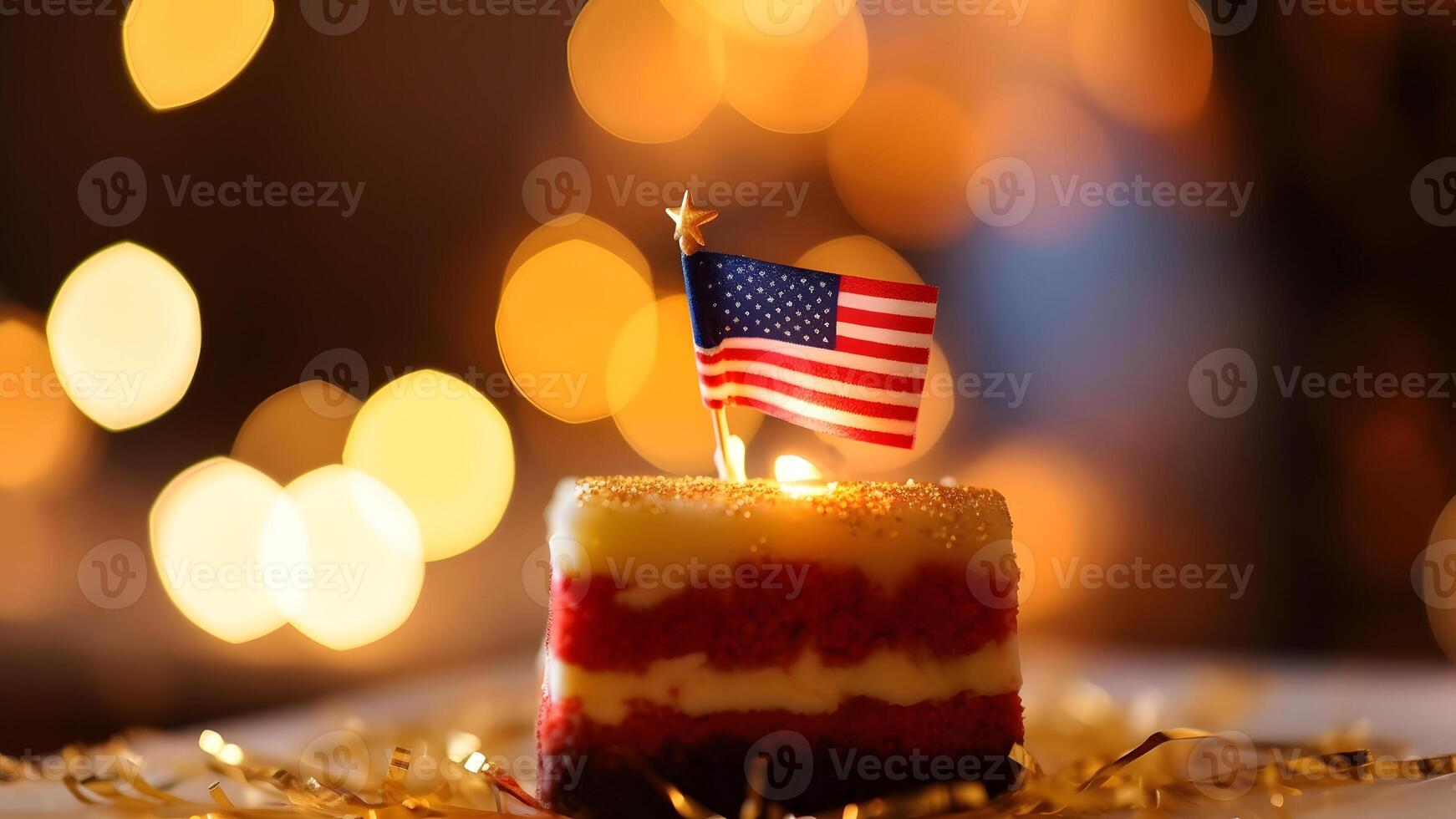 AI generated slice of cake with american flag with bokeh background, neural network generated image photo