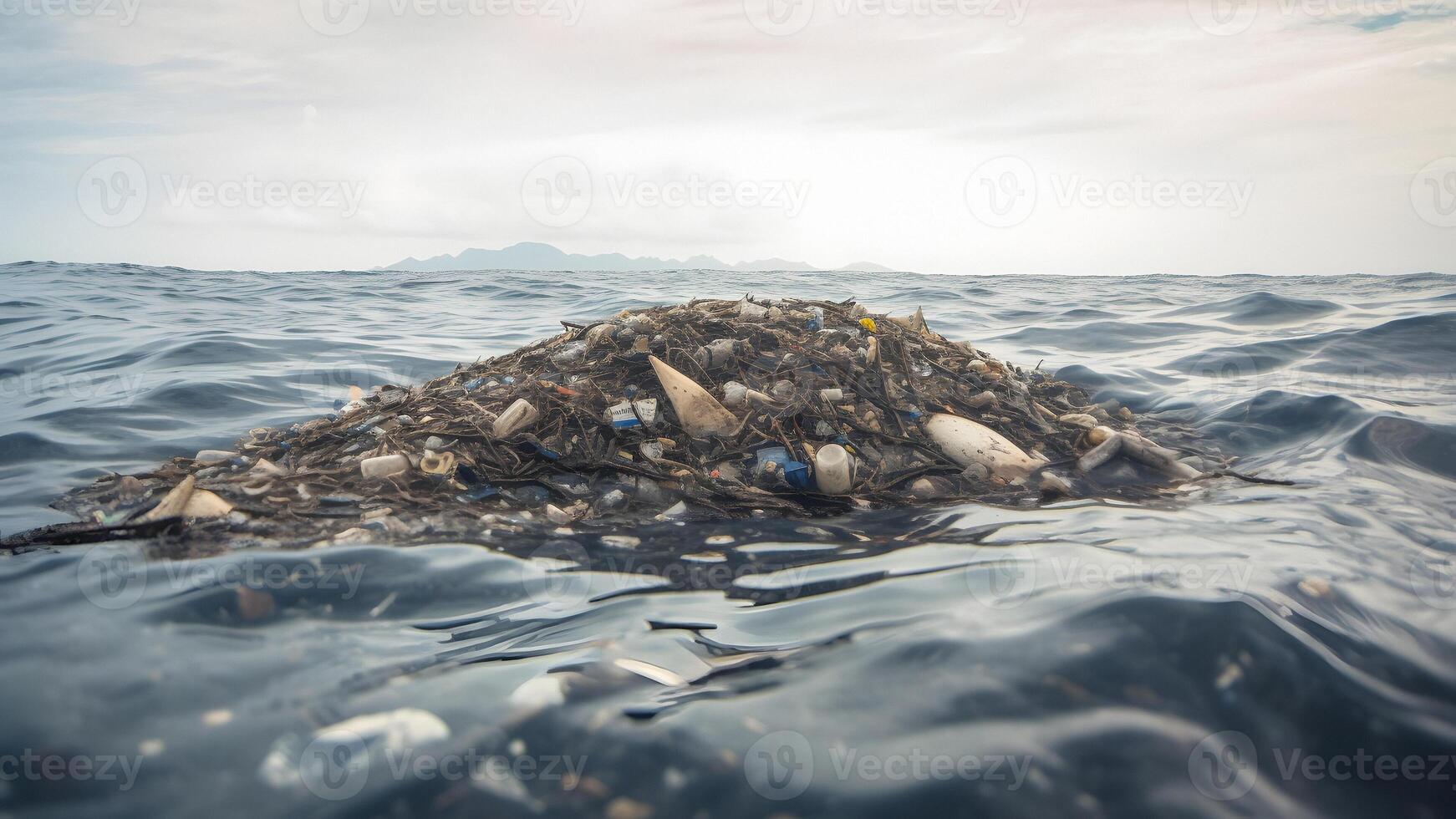 AI generated plastic garbage floating on ocean surface at daylight, neural network generated image photo