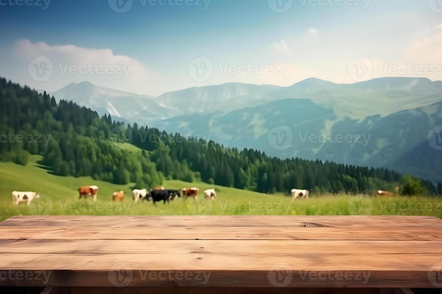 AI generated wooden table on the background of blurred alps green meadow with cows at sunny summer day, neural network generated image photo