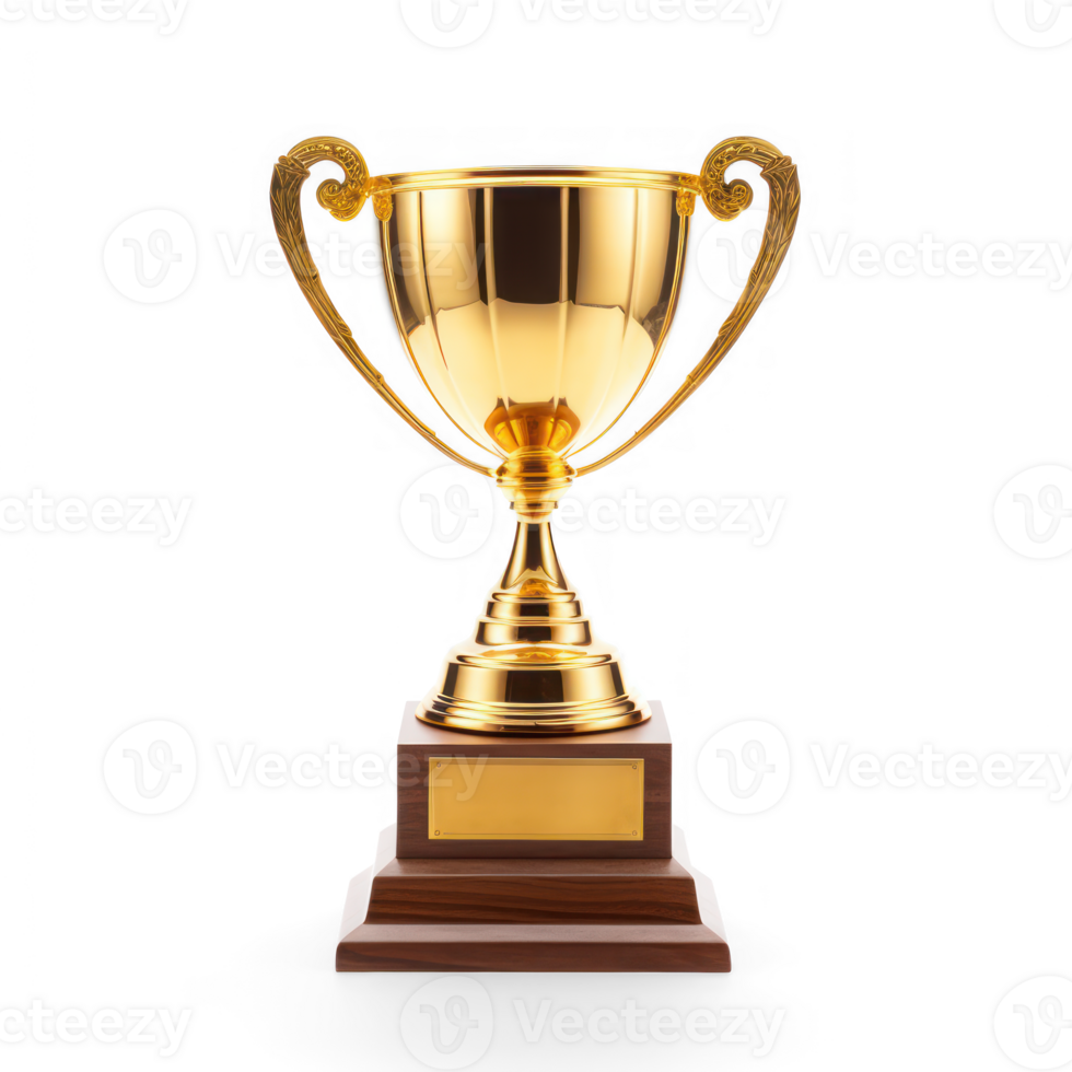 AI generated gold trophy cup on a wooden stand on a transparent background png