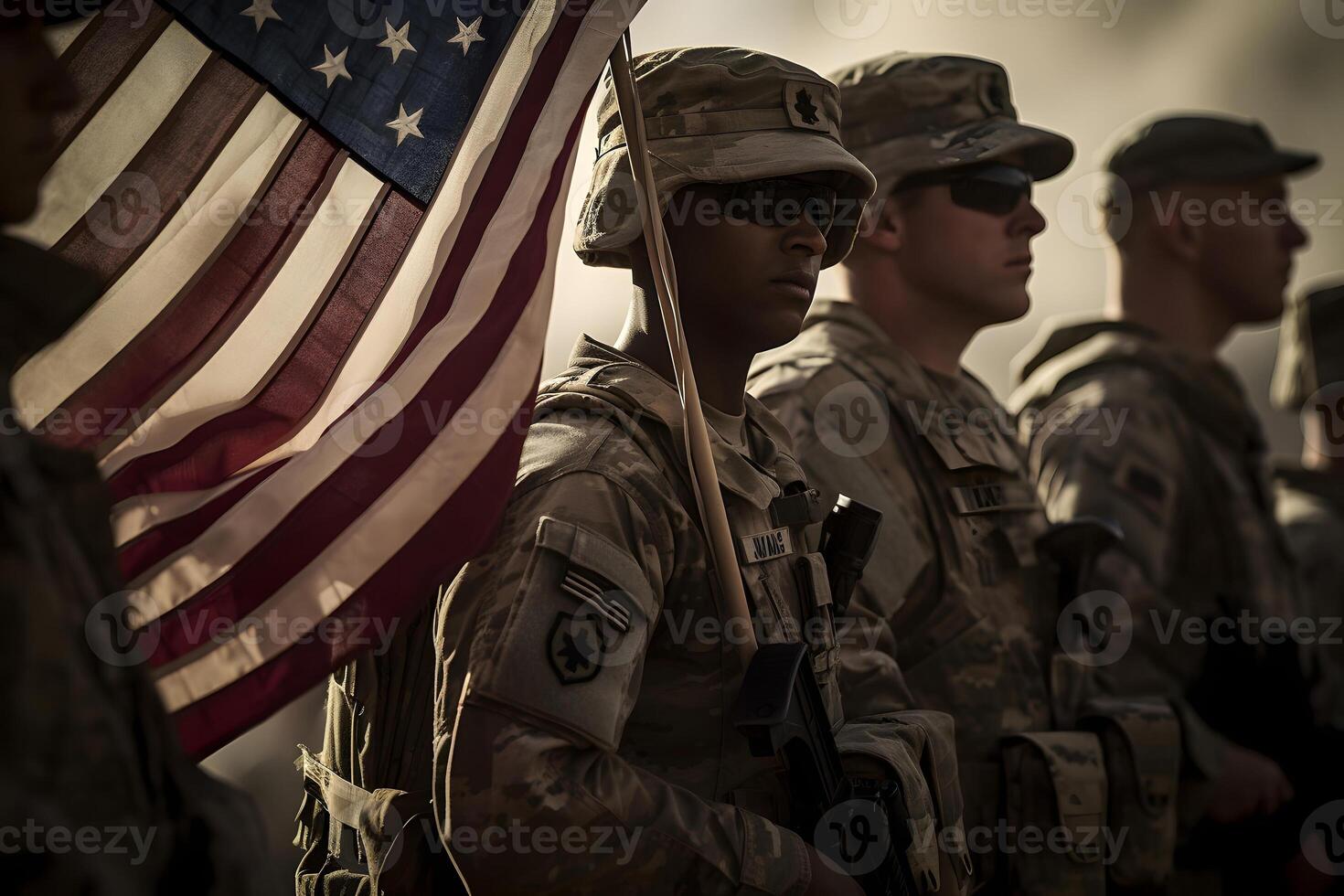 ai generado americano soldados y unido estados bandera, neural red generado fotorrealista imagen foto