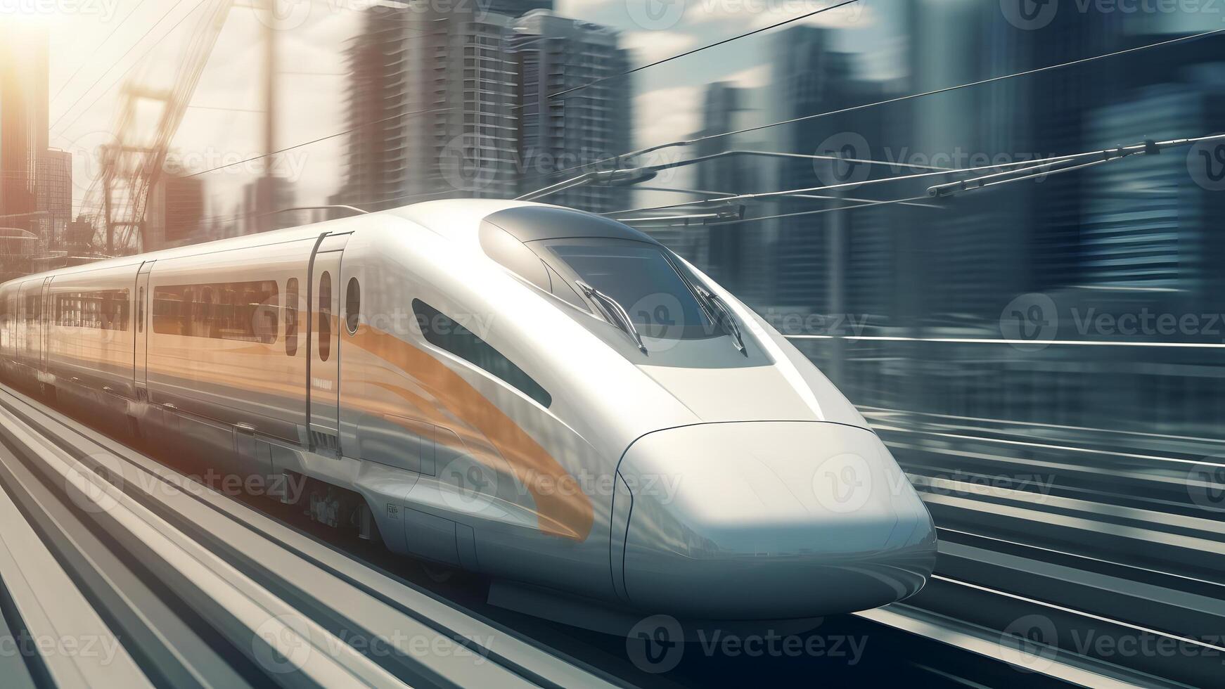 AI generated generic modern high-speed train moving fast through the city environment, neural network generated image photo