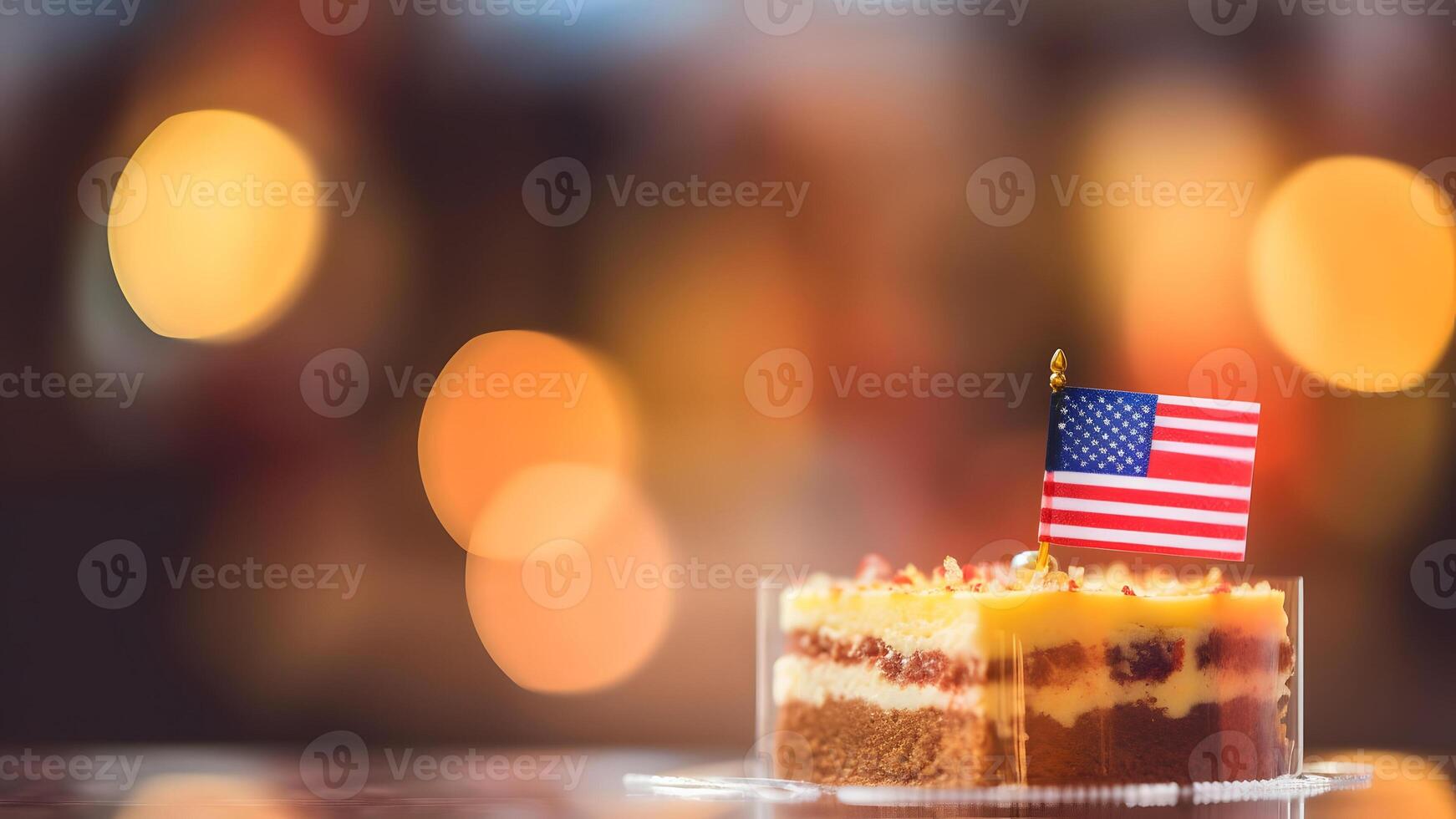 AI generated slice of cake with american flag with bokeh background, neural network generated image photo