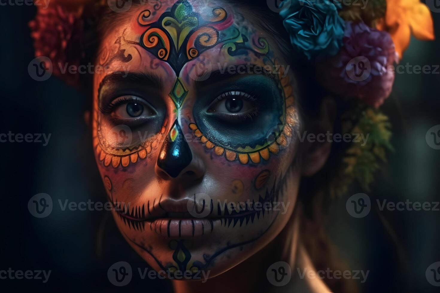 AI generated cinematic photorealistic portrait of gorgeous woman sugar skull at day of the dead, neural network generated image photo