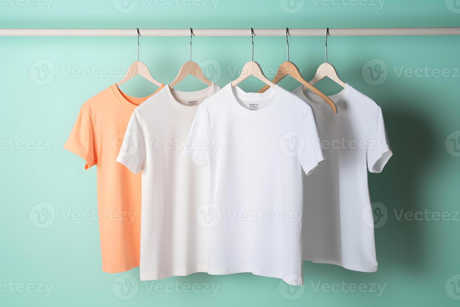 AI generated Hangers with blank monocolor t-shirts on turquoise background, neural network generated image photo