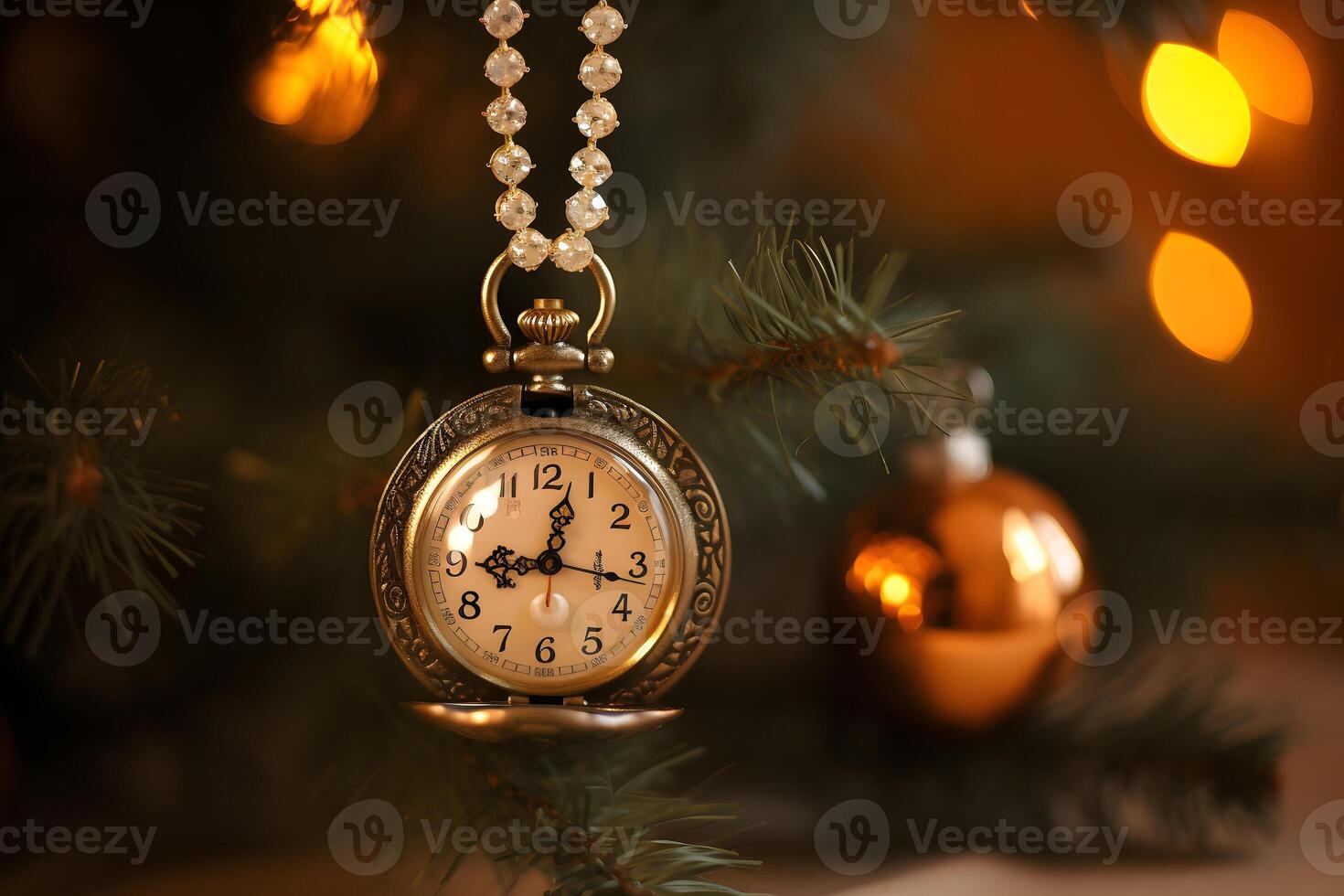 AI generated Small clock with jewelry as Christmas tree decoration, neural network generated photorealistic image photo