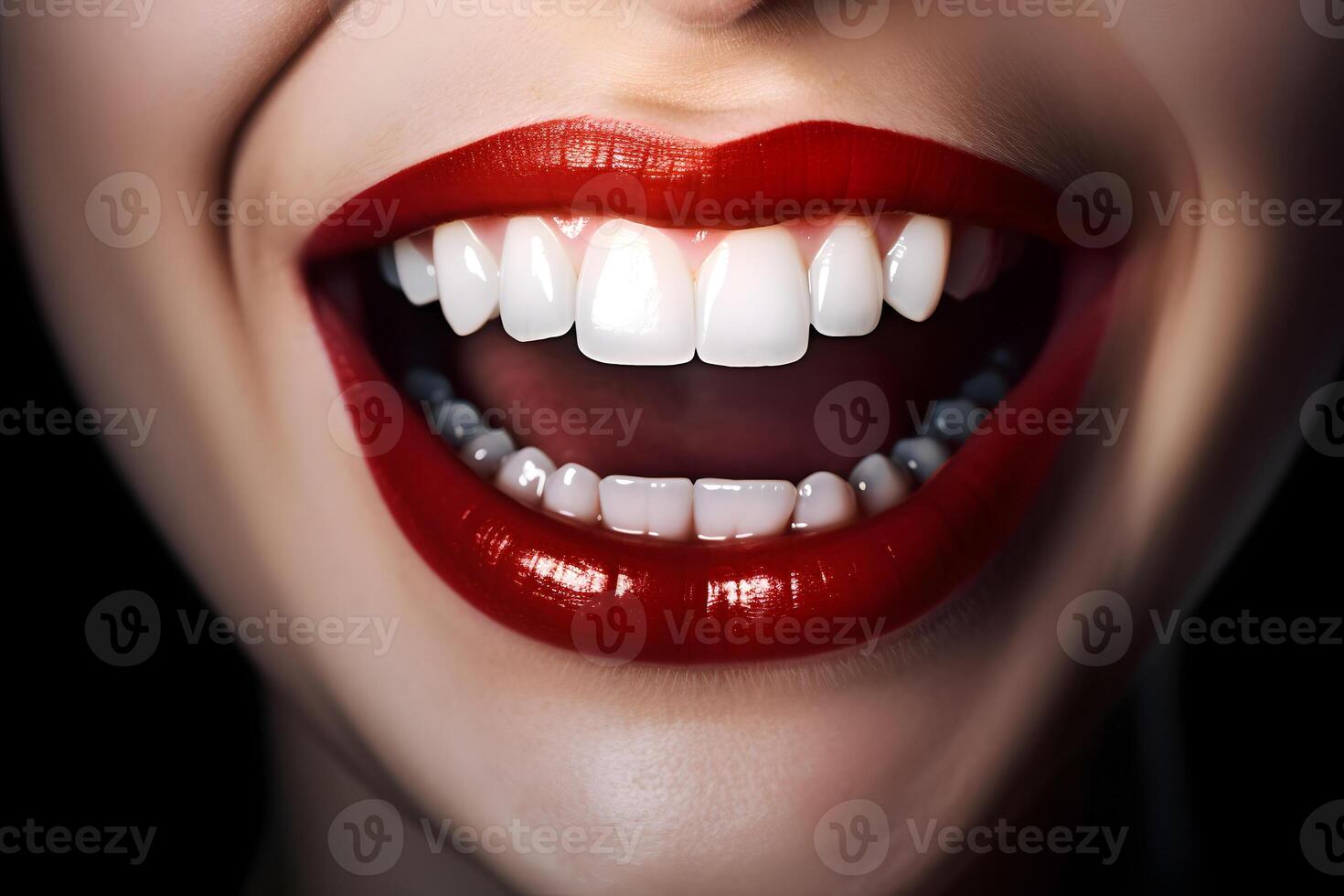 AI generated beautiful white teeth of woman mouth with painted lips, neural network generated image photo