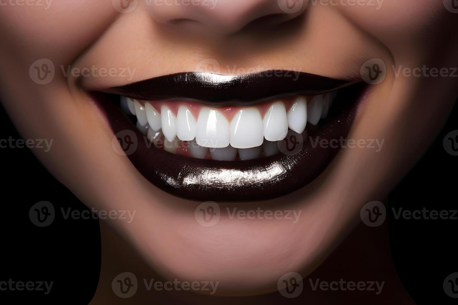 AI generated beautiful white teeth of woman mouth with painted lips, neural network generated image photo