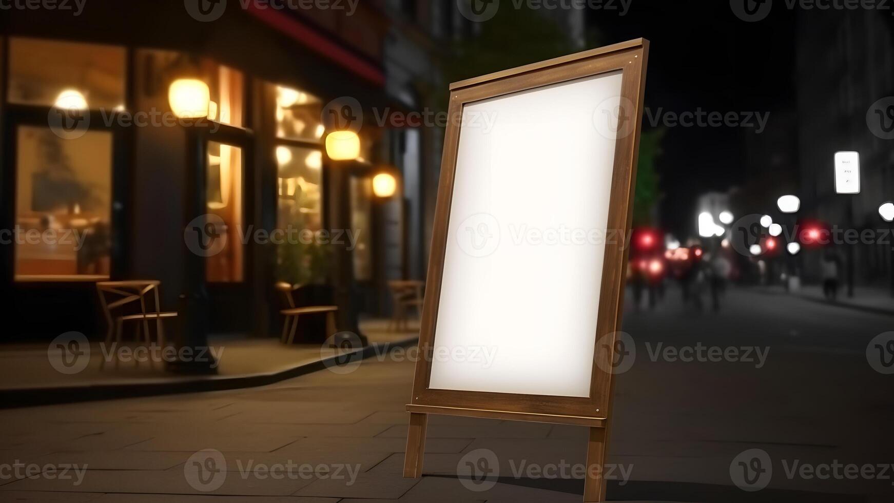 AI generated Blank white restaurant shop sign or menu board near the entrance of street cafe at night, neural network generated image photo