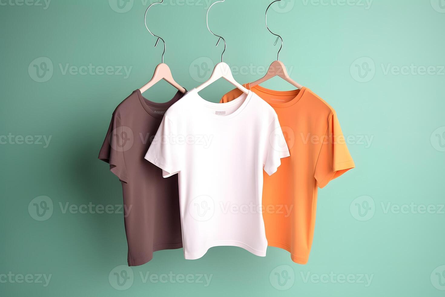 AI generated Hangers with blank monocolor t-shirts on turquoise background, neural network generated image photo