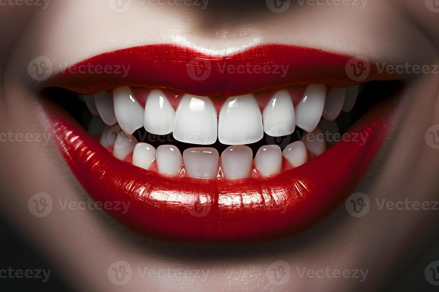 AI generated beautiful white teeth of woman mouth with painted lips, neural network generated image photo