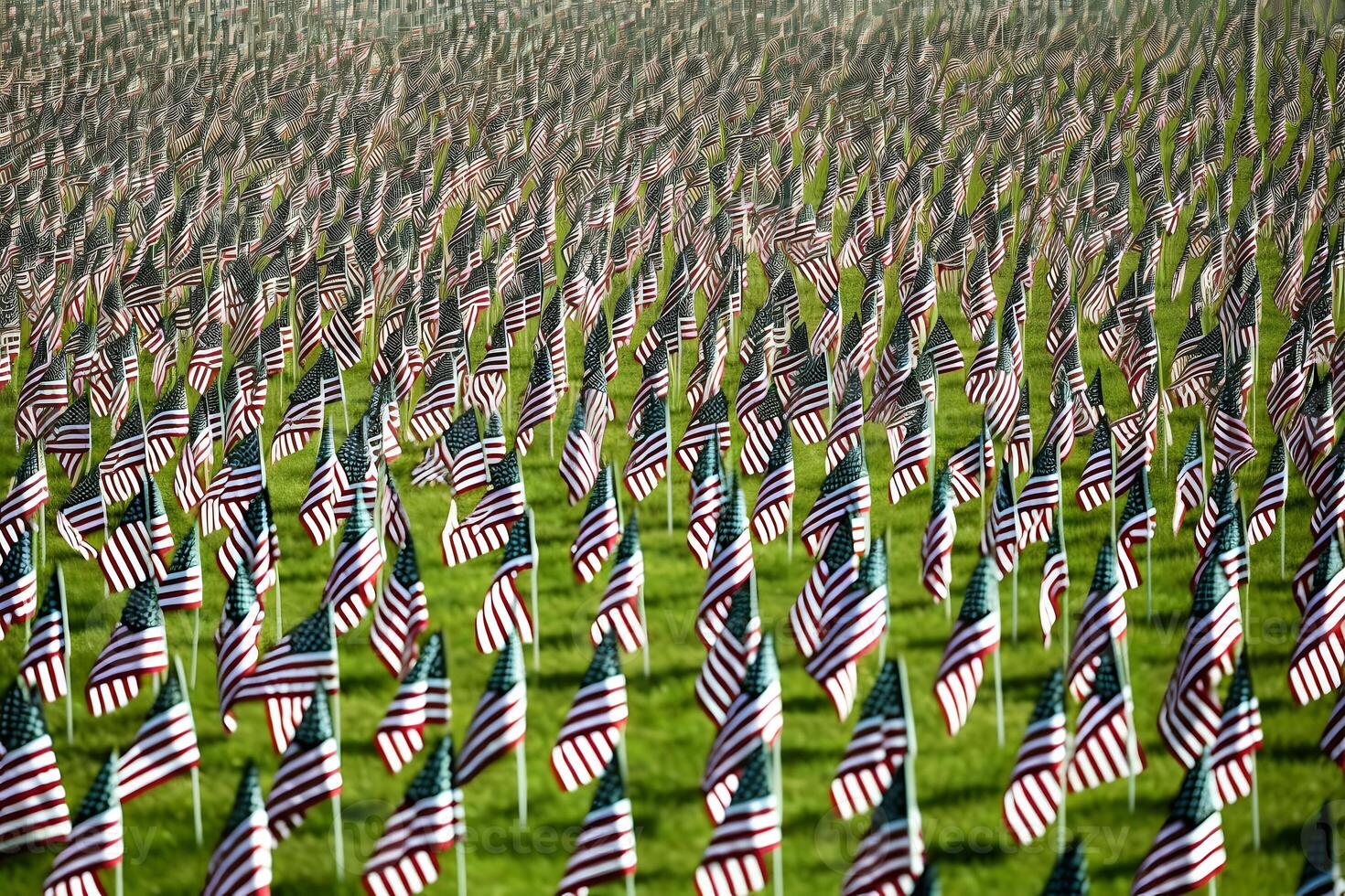 AI generated Memorial Day tribute. Many small American flags on a green lawn, neural network generated photorealistic image photo