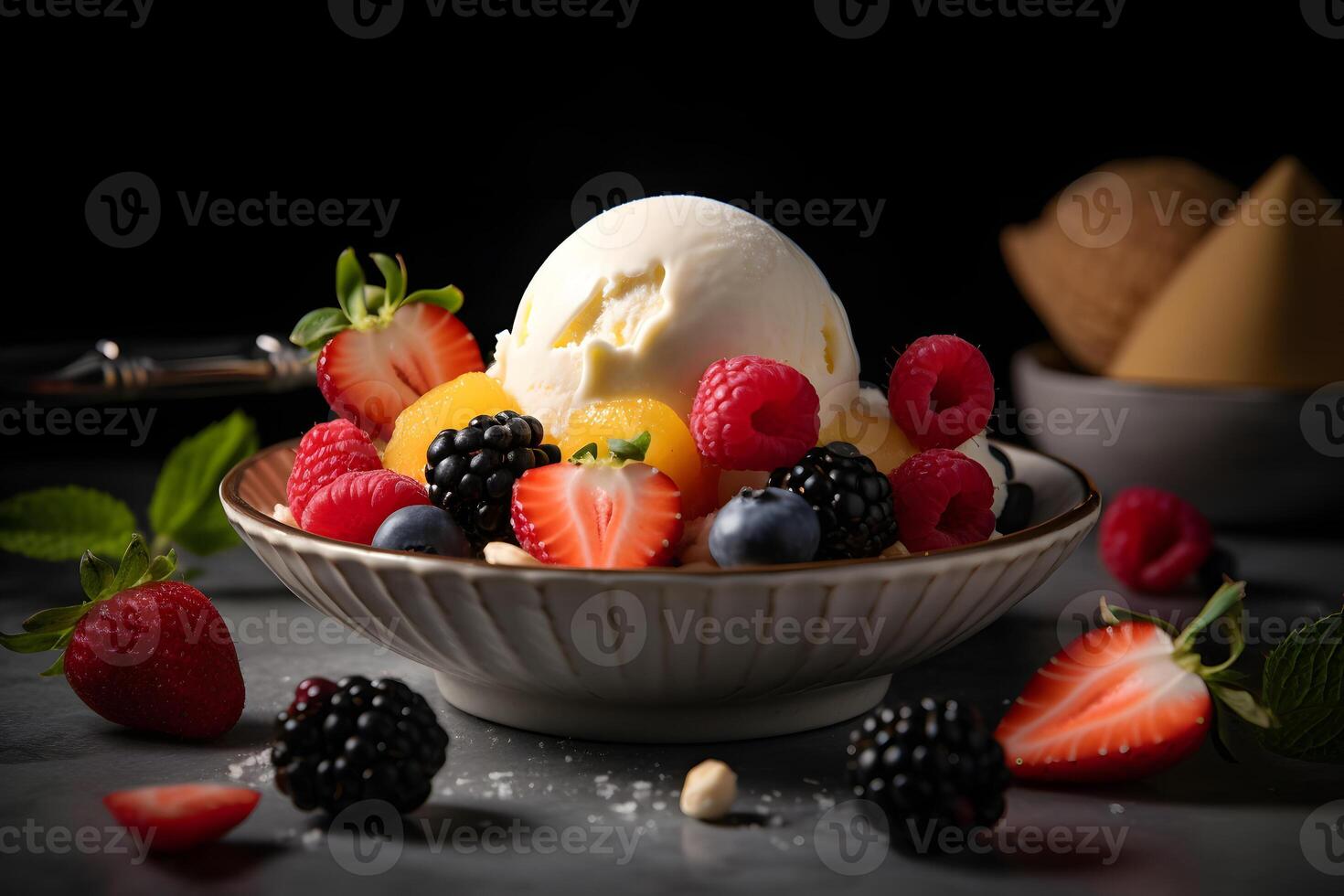 AI generated icecream with fresh fruits in a white ceramic bowl, rich high contrast photorealistic neural network generated image photo