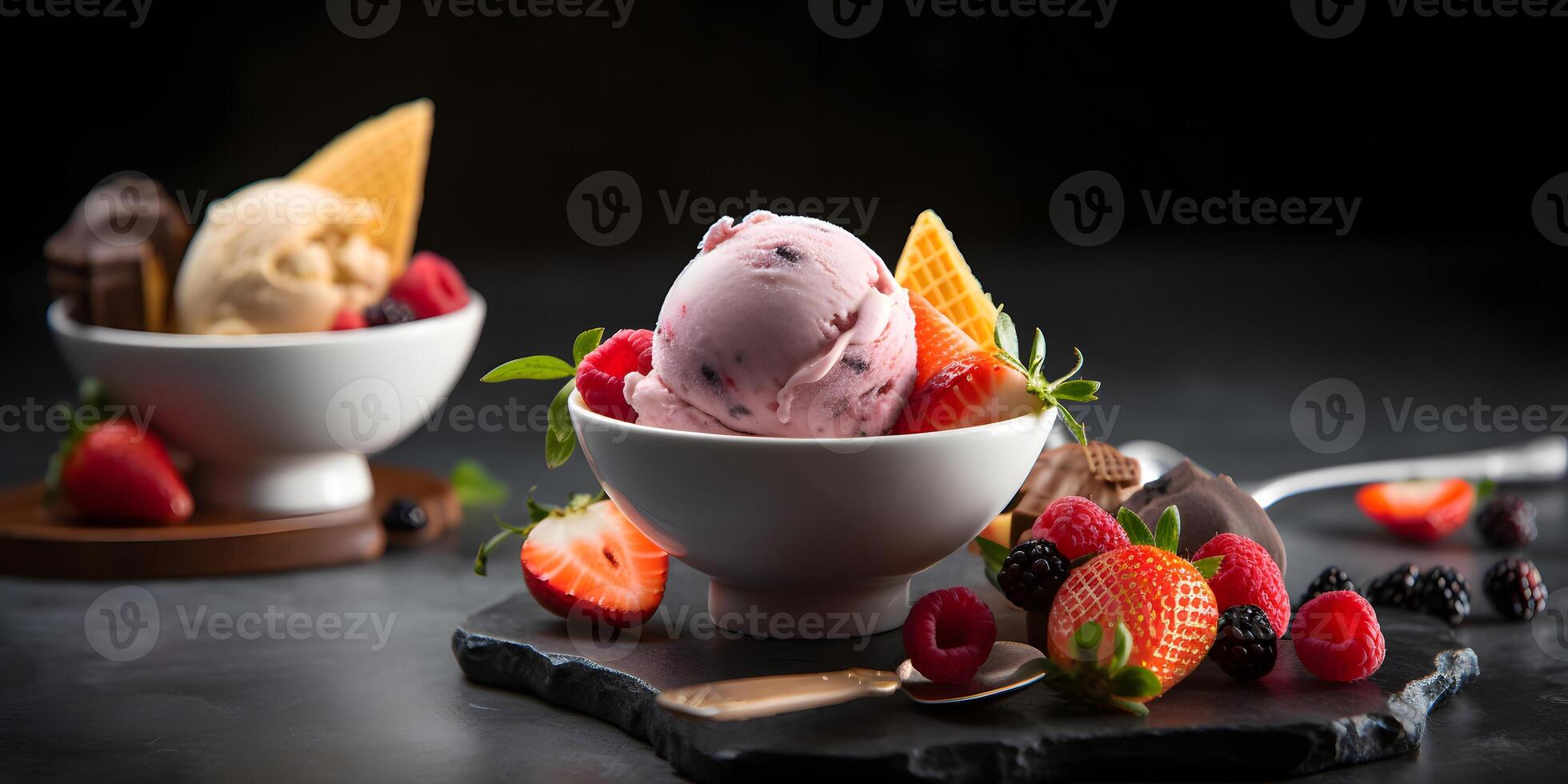 AI generated icecream with fresh fruits in a white ceramic bowl, rich high contrast photorealistic neural network generated image photo