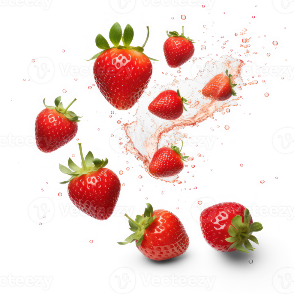 AI generated strawberries falling into water on a transparent background png