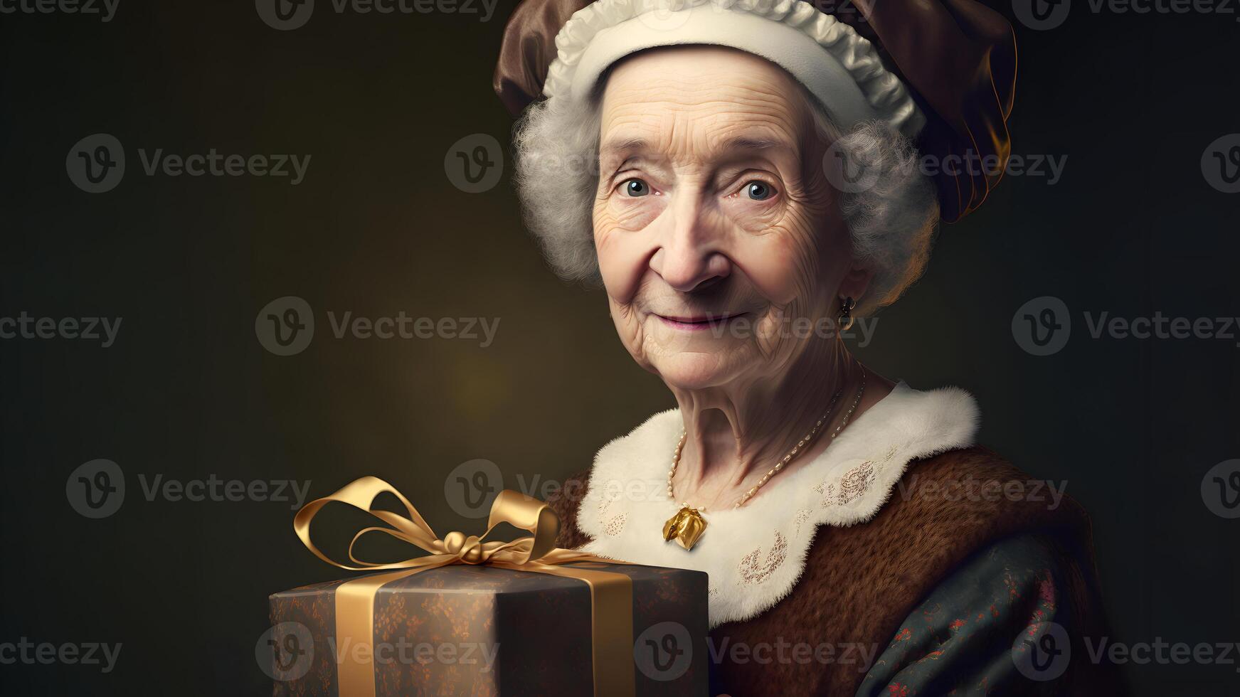 AI generated smiling old lady with christmas gift portrtait, neural network generated art photo