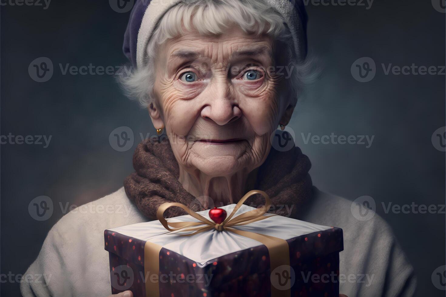 AI generated smiling old lady with christmas gift portrtait, neural network generated art photo