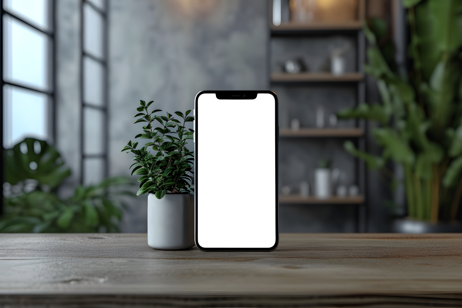 AI generated Empty Phone Vertical Screen Mockup on Tabletop Plant home office interior background png