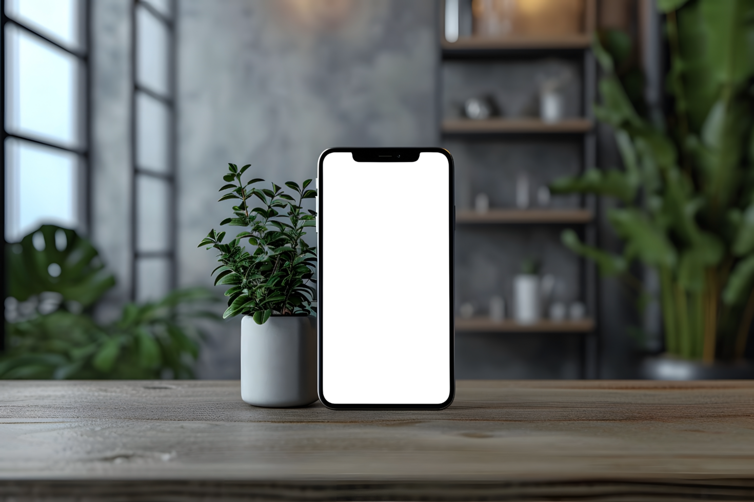 ai generato vuoto Telefono verticale schermo modello su tavolo pianta casa ufficio interno sfondo png